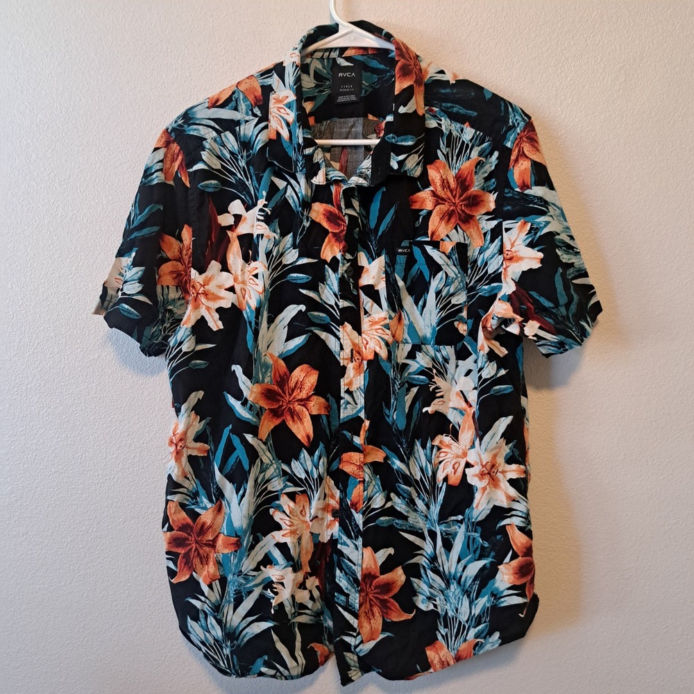 RVCA Mens Large Floral Button Down Shirt Black Orange Teal Tropical fits small